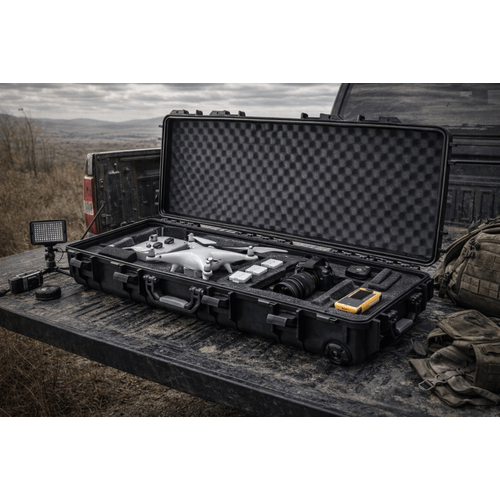 Equipamento-de-drone-em-case-na-caminhonete